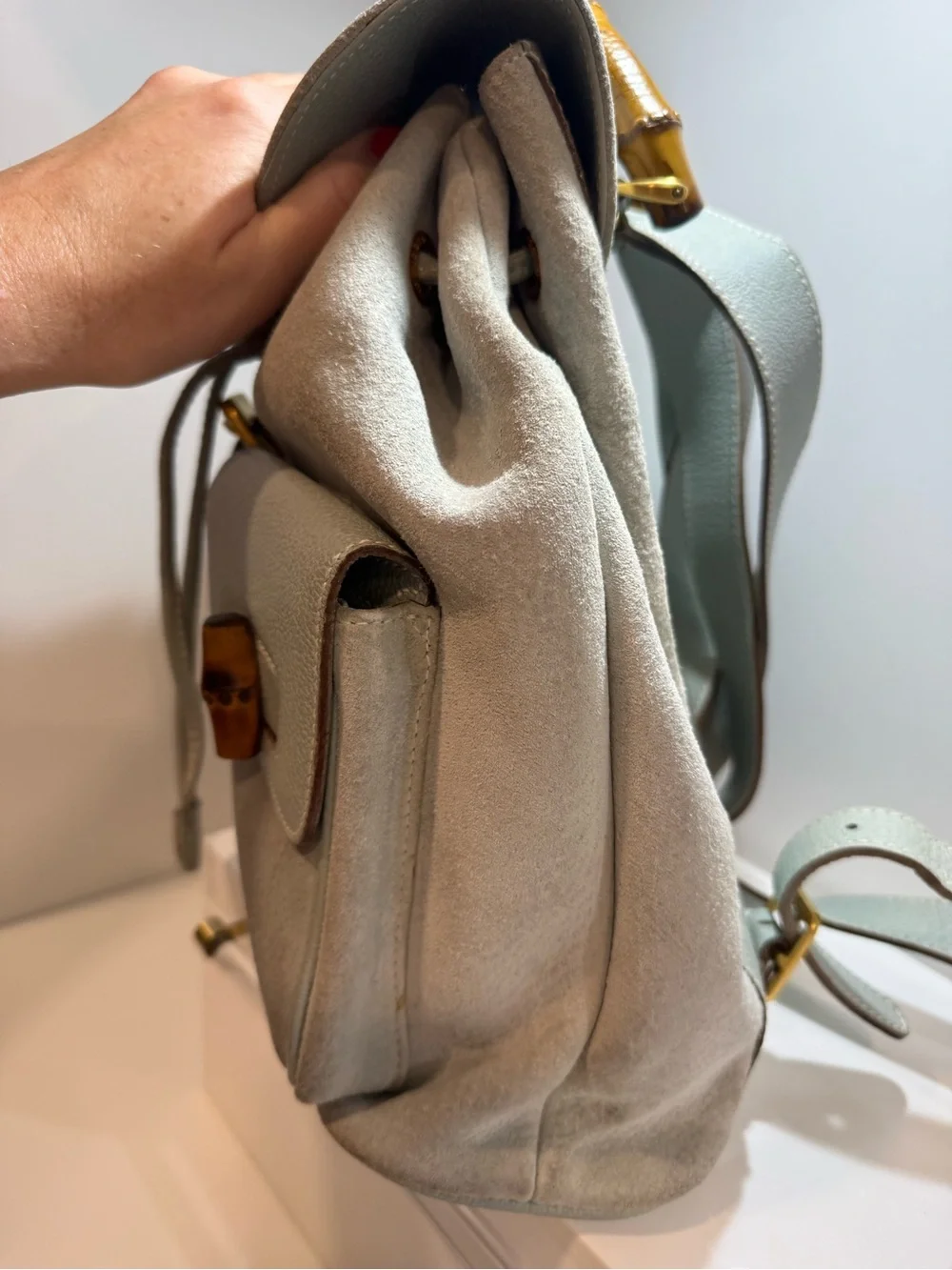Gucci Light Blue Suede Bamboo Backpack